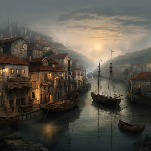misty harbor dawn calm waterway ancient port city emerging sunlight
