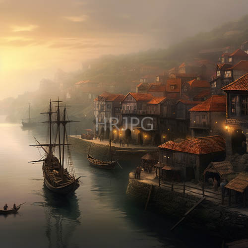 foggy harbor with early morning light and ancient seafaring village