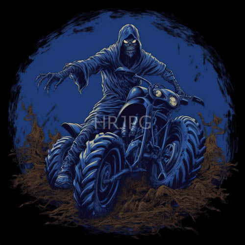 muddy terrain conquered by hooded figure on rugged motorcycle amidst dark blue night sky