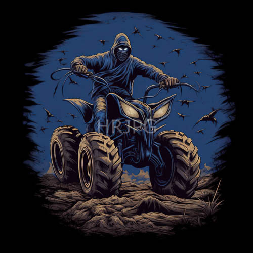 ominous hooded figure navigates rugged terrain with allterrain vehicle under dark blue sky
