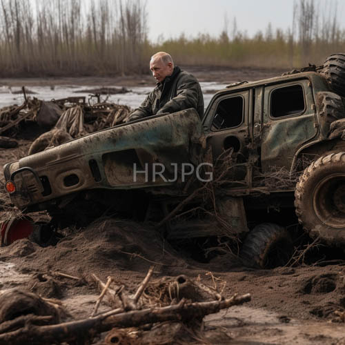 rusted trucks amidst muddy terrain under overcast gray sky with leafless trees