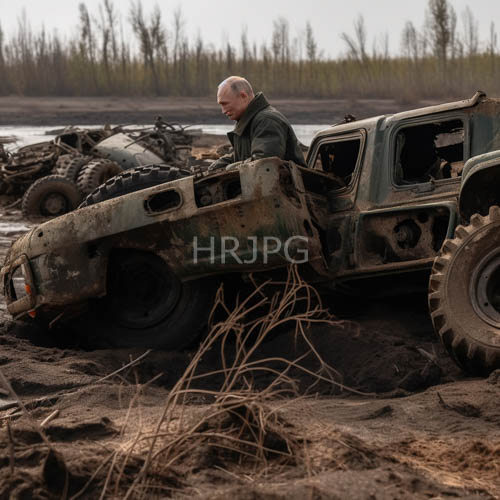 rusted offroad vehicles on muddy terrain under overcast sky