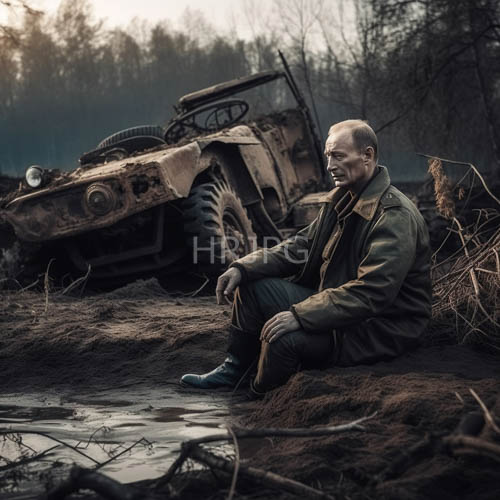 muddy forest landscape with overturned tank and resilient figure