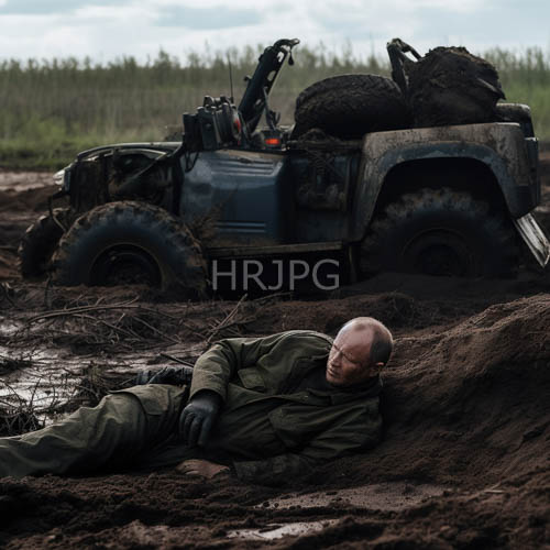 older man in green military attire amidst muddy terrain and overcast sky with offroad vehicle