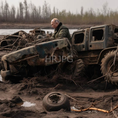 bald man on bulldozer amidst verdant landscape and weathered infrastructure