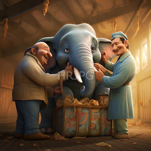 High Resolution: Elderly Gentlemen Interact with Gray Elephant in Sunlit Rustic Barn Setting with Hay Crates download. | HRJPG.com