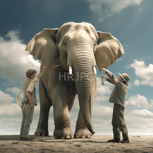 elephant handler guides majestic grayskinned elephant across barren landscape under brilliant blue sky