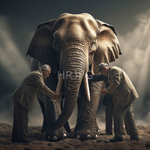 elderly men tenderly support majestic elephant form in dramatic beige suits against dusty ground