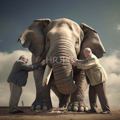 elderly men tend to majestic elephant on barren land under cloudy sky