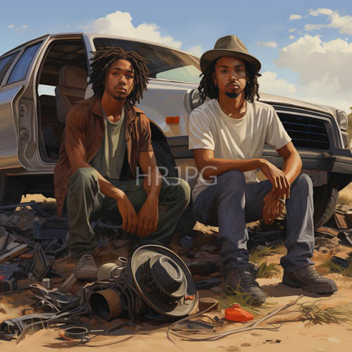two black men in casual attire before an open silver car on sandy terrain