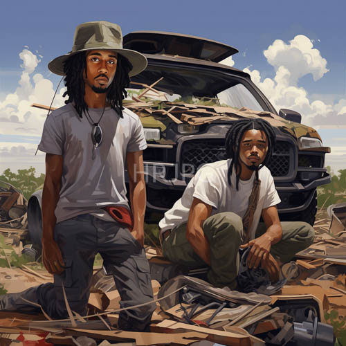 two men amidst the wreckage of a desert landscape under a blue cloudy sky