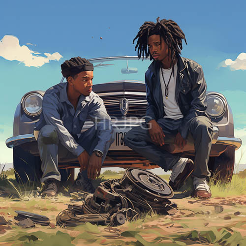 two men in denim jackets lean against a blue car amidst a clear sky with scattered car parts