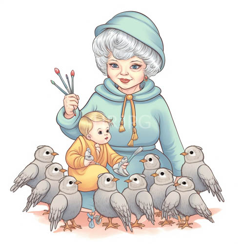 blonde child joins elderly woman in serene nature with twelve pigeons