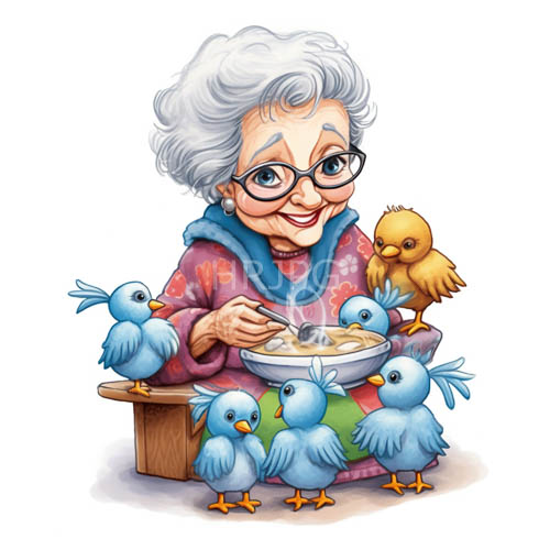elderly woman in pink floral robe feeding adorable blue baby chickens and yellow chick on wooden stool