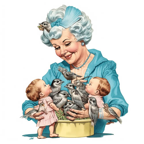 vintage of elderly woman embracing two toddlers with curly hair and small birds