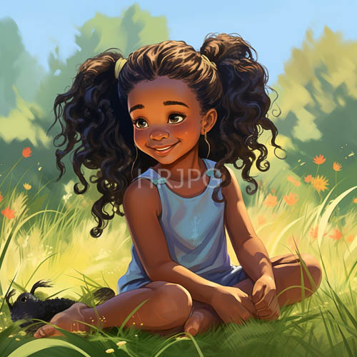 young black girl sits crosslegged amidst sunlit wildflowers and lush greenery under clear blue sky