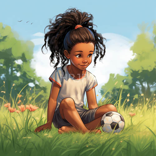 High Resolution: AfricanAmerican girl playing soccer on lush green grass under clear blue summer sky download. | HRJPG.com