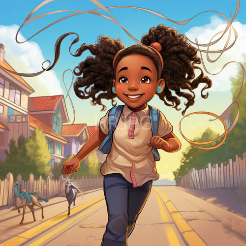 curly ponytails bounce down sun drenched suburban asphalt streets