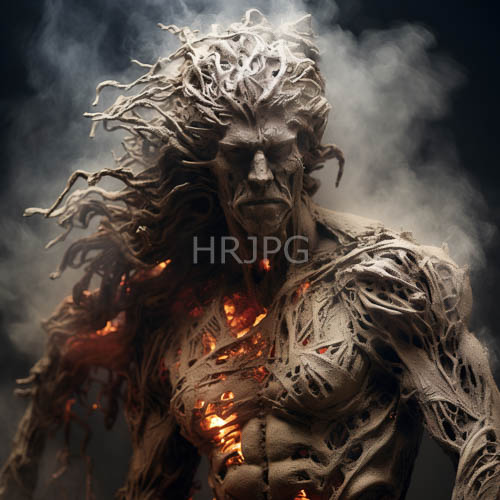 muscular male figure dominated by twisted roots and fiery orange embers in fantasy