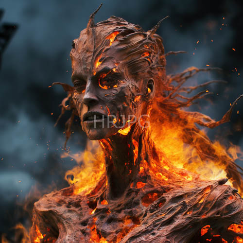 molten lava figure transforms amid smoky bluegray background of intense flame