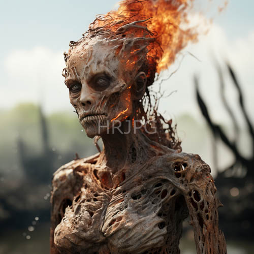 macabre of emaciated humanoid with charred skin and grimacing face under dark trees