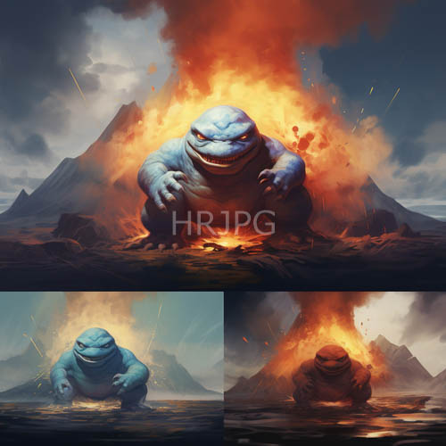 colossal blueskinned tyrannosaurus dominates volcanic landscape with fiery glows and smoky skies