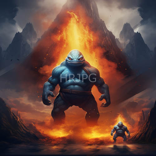 fantasy landscapes populated by ancient blueskinned humanoid creatures amidst volcanic eruptions