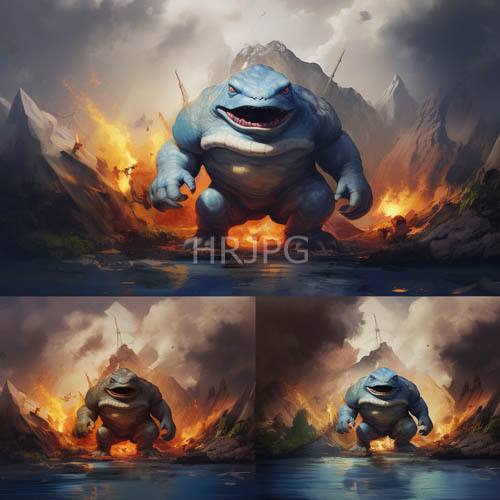 High Resolution: Mountainous Terrain Dominated by Colossal Prehistoric Creature Emerging from Fiery Waters download. | HRJPG.com