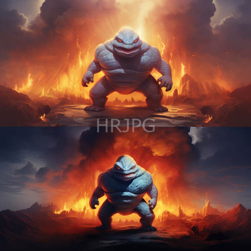 imposing blueskinned monster amidst fiery volcanic landscapes at nightfall with menacing skies