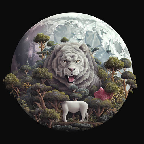 luminous wildlife features majestic gray lion amidst foliage under moonlit sky