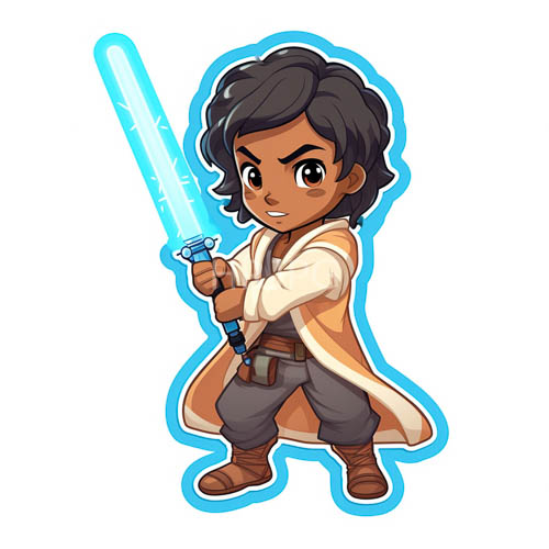 cartoon of confident young boy with blue lightsaber in adventure setting