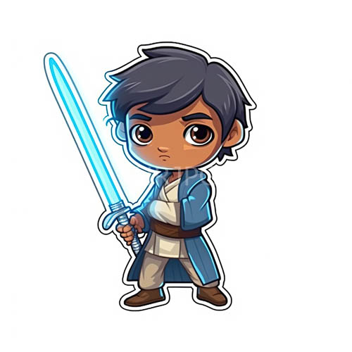 High Resolution: Chibi Boy Wields Glowing Blue Lightsaber Against Pristine White Background of Fantasy World download. | HRJPG.com