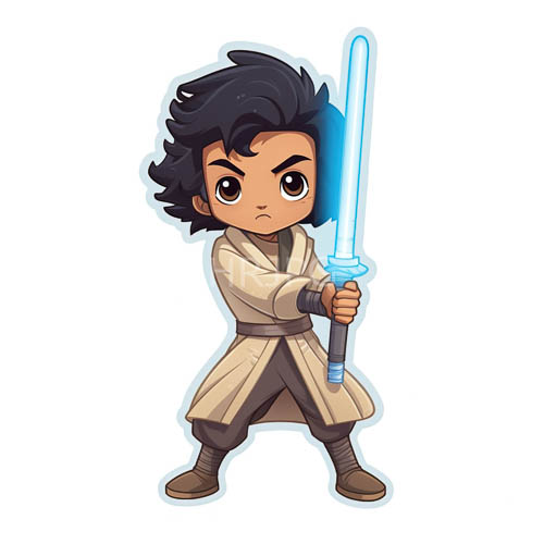 young boy with dark curly hair brandishes glowing blue lightsaber in beige tunic on pristine white background