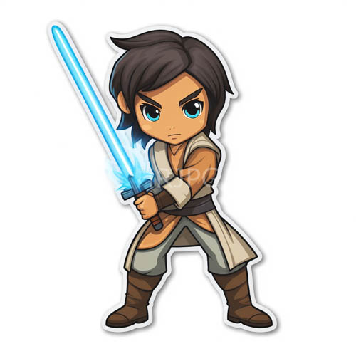 confident animestyle boy wields glowing lightsaber against stark white background