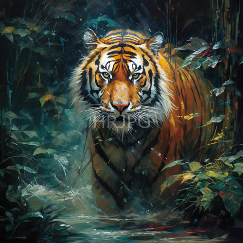 High Resolution: Jungle Tiger Emerges from Damp Undergrowth Amidst OrangeBlack Striped Foliage Under Dim Light download. | HRJPG.com