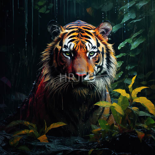 rainsoaked tiger amidst dense jungle foliage with intense orange and black stripes