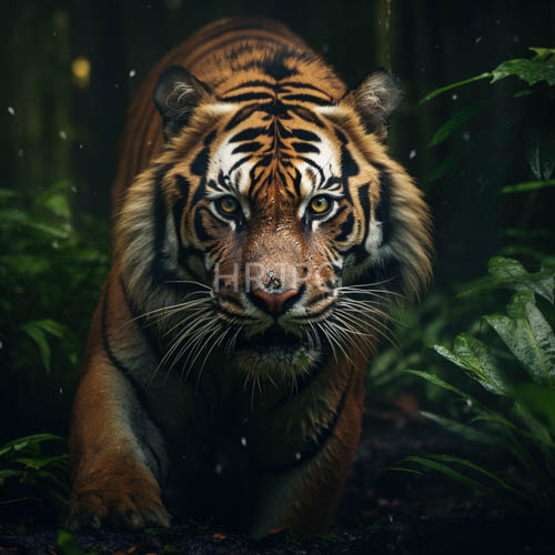 bengal tiger strides through jungle foliage and raindrops amidst orange and black striped form