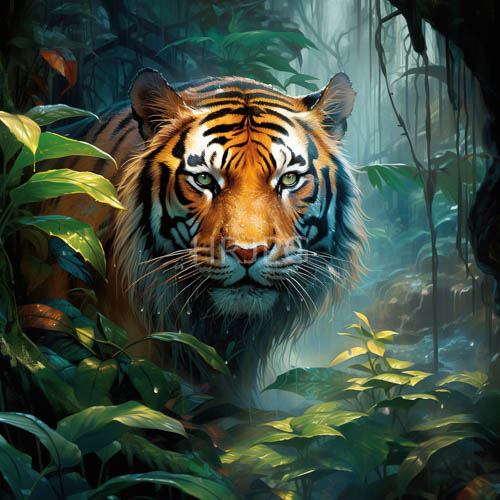 High Resolution: Sunlit canopy stripes filter light over tiger stripes and foliage download. | HRJPG.com