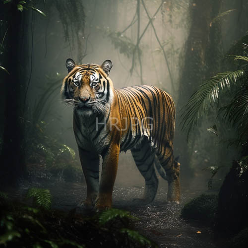 dappled jungle sunlight illuminates tiger fur amongst lush green leaves