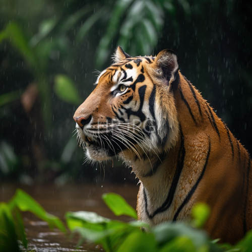 raindrops ripple shallow water around a standing tiger in lush greenery