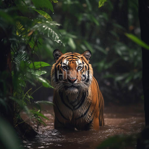 High Resolution: Luminous green leaves frame a Bengal tiger in muddy tropical waters download. | HRJPG.com