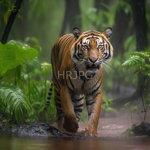 dense forest foliage drips with rain around a tiger striding forward