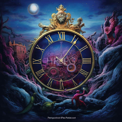 enormous ornate clock sits majestically amidst twisted rock formations under celestial sky