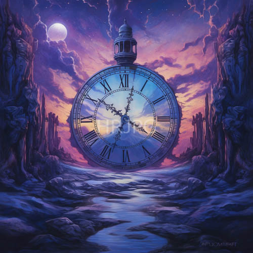 High Resolution: Floating Clockwork Monument Amidst Enchanted Twilight Riverbank Reflections download. | HRJPG.com