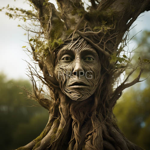 ancient treelike humanoid emerges from mosscovered forest canopy under filtered sunlight