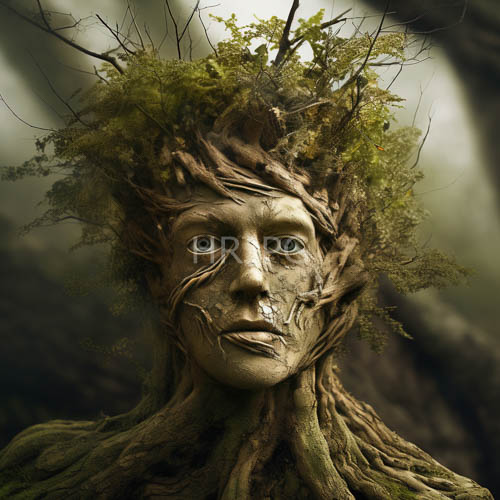 High Resolution: Fantastical TreeLike Humanoid Unveils Muted Elegance Within Forested Canvases download. | HRJPG.com