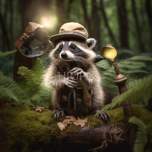 mosscovered forest floors feature brownfedora wearing raccoons amidst ferns and explorer gear