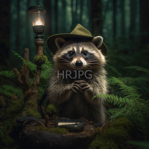 mossy woodland with sherlock holmesinspired raccoon in contemplation