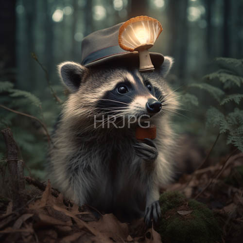 High Resolution: Dappled forest light illuminates raccoons examining wild mushroom caps download. | HRJPG.com