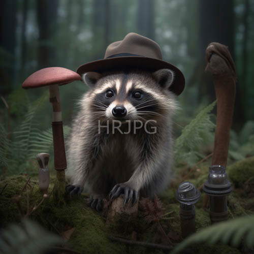 brown fedora hats top raccoons amidst mossy logs and misty woods